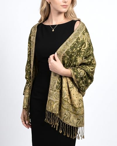 Achillea Reversible Paisley Pashmina Rave Scarf – Exotic Indian Shawls and Wraps for Evening Dresses, Festivals, All Seasons - color: Dark Olive
