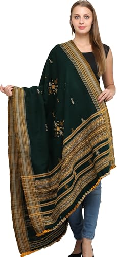 Exotic India Shawl from Kutch with Embroidered Bootis and Mirrors - Wool - color: Alpine Green