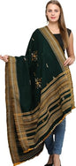 Exotic India Shawl from Kutch with Embroidered Bootis and Mirrors - Wool - color: Alpine Green
