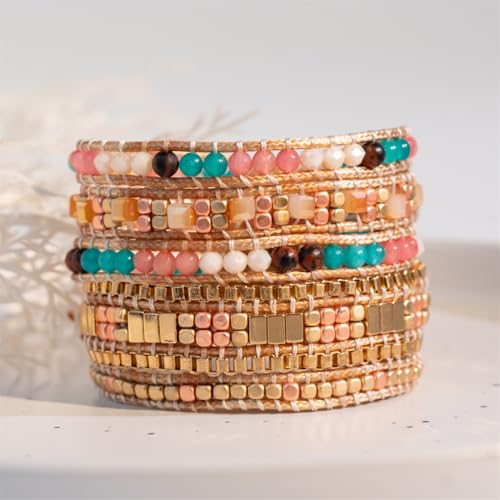 YGLINE Natural Stone Wrap Bracelet for Women Boho Bracelets Healing Crystal Beaded Bracelet Adjustable 3/5 Wraps Bracelet Handmade Birthday Gifts for Women - color: golden