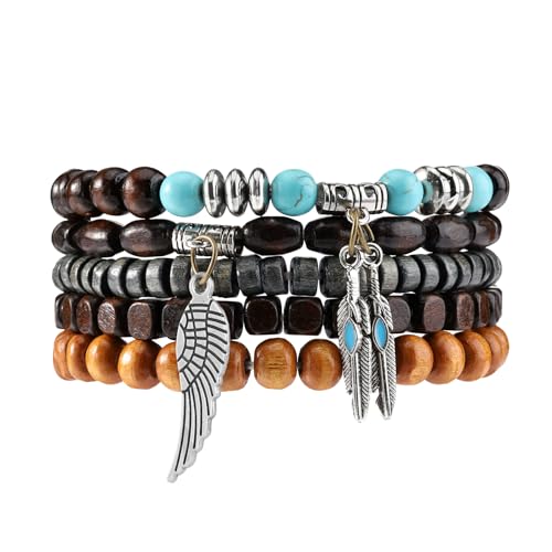 MILAKOO Mens Beaded Bracelets Tribal Wooden Elastic Adjustable Prayer Beads Wrap Cuff for Women - color: K: 5pcs