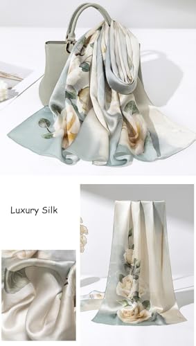 100% Mulberry Silk Long Scarf for Women Large Shawls for Headscarf and Neck- Oblong Hair Wraps with Gift Packed - color: Roses-pale Green