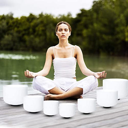 432hz Crystal Singing Bowl 6-12inch Set of 7 Pure White for Meditation Yoga Heart Chakra Meditation Heavy Duty Carrying Case with Sponge Padded Bundle Rubber Mallet Suede Striker O ring - color: White set of 7