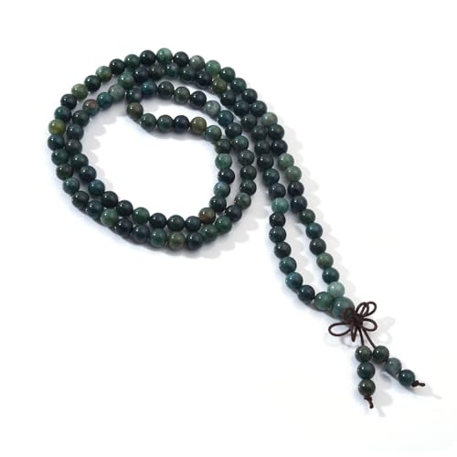 108 Mala Prayer Beads Bracelet 6mm Genuine Gemstone Healing Crystal Stone Beaded Bracelet Buddhist Tibetan Handmade Knotted Elastic Necklace for Yoga Meditation Unisex Women Men - color: Moss Agate