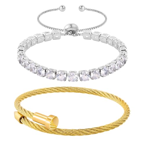 2PCS 18K Gold Plated Nail Bangle & Chain Bracelet Set for Women, Adjustable Stackable Bangle Jewelry, Dainty Gold Bracelet Gift for Women - color: Tennis-set G