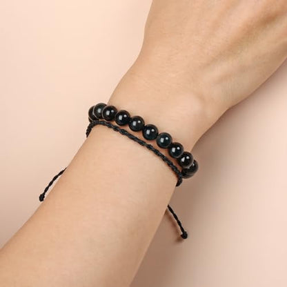 QOGIR 2pcs Handmade Healing Bracelet, Natural Gem Stone Crystal Elastic Bracelet - color: Black Obsidian(Self - Reflection), size: 8mm