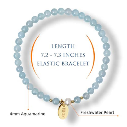 Morchic 4mm Natural Gemstone Beads Stretch Bracelet for Women, With Freshwater Pearls, Energy Gem Birthday Gift for Her 7.2” - color: Aquamarine