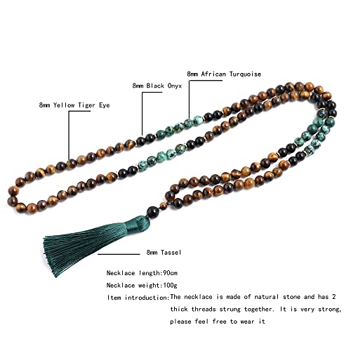 108 Mala Prayer Beads Necklace 8mm Natural Stones Meditation Yoga Jewelry Sets 108 Hand Made Japa Mala Beaded Long Tassel Necklace with Tassel Pendant for Men and Women - color: Tiger Eye+Black Onyx+African turquoise