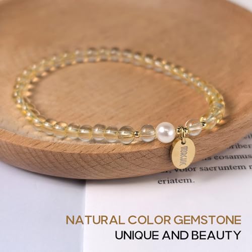 Morchic 4mm Natural Gemstone Beads Stretch Bracelet for Women, With Freshwater Pearls, Energy Gem Birthday Gift for Her 7.2” - color: Yellow