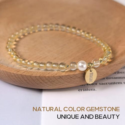Morchic 4mm Natural Gemstone Beads Stretch Bracelet for Women, With Freshwater Pearls, Energy Gem Birthday Gift for Her 7.2” - color: Yellow