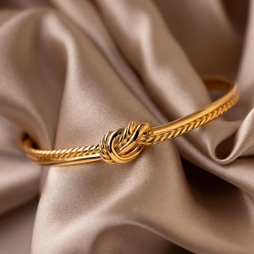 CAITLYNMINIMALIST 18K Gold Plated Silver Open Bangle Cuff Trendy Stacking Bracelet Gift for Women - color: 02-Duo Knot Gold