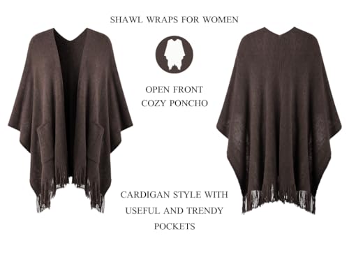 Ferand Shawl Wraps for Women, Cozy Lightweight Poncho Cape with Pockets, Warm for Fall Winter Travel - color: Brown