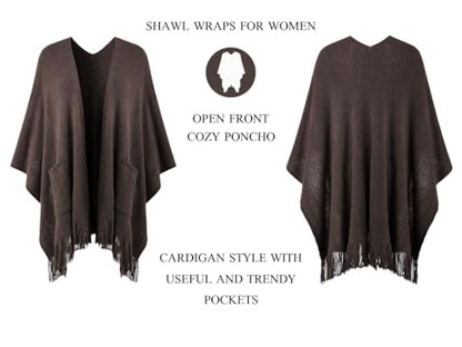 Ferand Shawl Wraps for Women, Cozy Lightweight Poncho Cape with Pockets, Warm for Fall Winter Travel - color: Brown