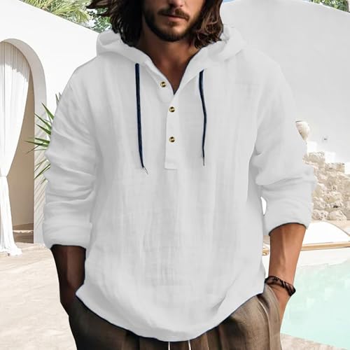 Mens Pullover Hoodie Linen Long Sleeve 4 Button Drawstring Causal Loose Lightweight Summer Beach Top - color: 1-white, size: Medium
