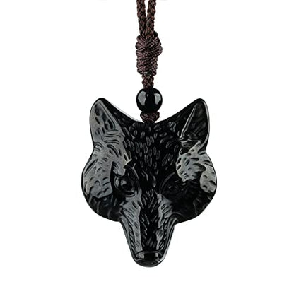 Black Obsidian Necklace Natural Crystal Amulet Protection Pendant with Adjustable Rope Lucky Talisman Necklaces Jewelry Gift for Men Women - color: Wolf Head