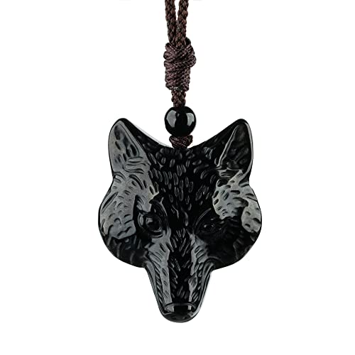 Black Obsidian Necklace Natural Crystal Amulet Protection Pendant with Adjustable Rope Lucky Talisman Necklaces Jewelry Gift for Men Women - color: Wolf Head