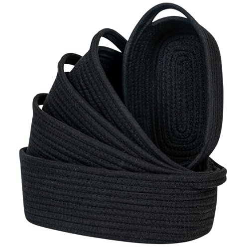 CubesLand Small Cotton Rope Storage Basket Set 5, Shelves Baskets for Organizing with Handle, Decorative Closet Storage Bins for Countertop Toilet Paper Basket for Toilet Tank Top,Black Basket - color: Black