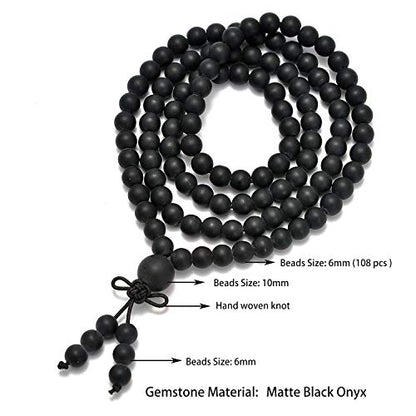 AD Beads 6mm Natural Healing Gemstones Buddhist 108 Prayer Mala Stretchy Bracelet Necklace - color: Matte Black Onyx