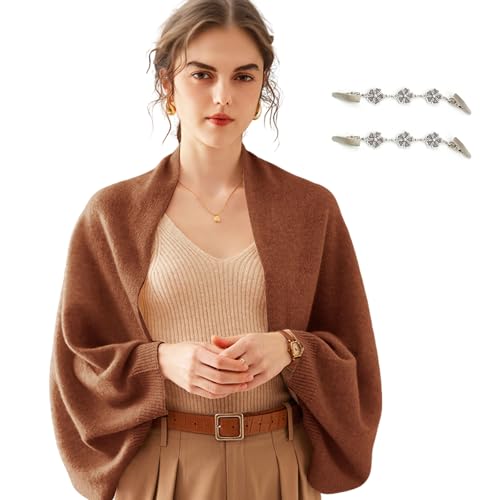 Fuxiqar Wrap Sweater for Women Warm Shawl Blanket Scarf with Sleeves Poncho Pashmina Shall with Two Shawl Clips - color: Caramel