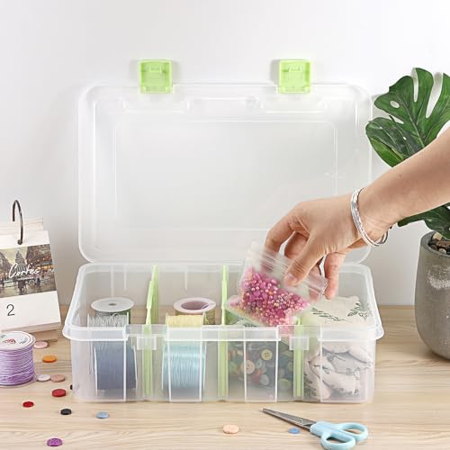 BTSKY Clear Plastic Dividing Storage Box with 4 Compartments Adjustable Storage Bin with Lid Plastic Craft Storage Container Multipurpose Sewing Box Art Supply Organizer, 13.3x8.1x3.4 Inches, Green - size: 13.3x8.1x3.4 Inches-Green