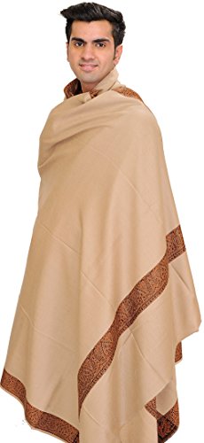 Exotic India Plain Men's Shawl with Brown Woven Border - Pure Wool - color: Khaki