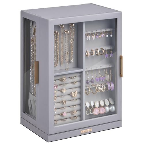 Glimmloop 360° Rotating Jewelry Box with 7 Drawers, Spacious Vertical Jewelry Organizer with Glass Window, Jewelry Storage Case, Dustproof & Moisture-resistant Design, Grey - color: Grey, size: 7 Drawers (6.2"D x 9.2"W x 12.7"H)
