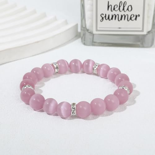 Healing Bracelet For Women Anxiety Crystal Bracelet Chakra Beaded Bracelets Rose Quartz Crystals And Healing Stones Yoga Bead Bracelet Calming Stretch Bracelet Stress Relief Gifts For Women - color: Pink-Cat Eye