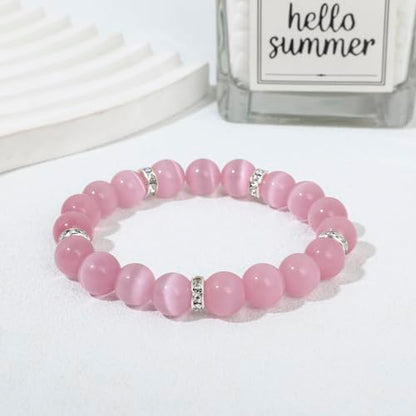 Healing Bracelet For Women Anxiety Crystal Bracelet Chakra Beaded Bracelets Rose Quartz Crystals And Healing Stones Yoga Bead Bracelet Calming Stretch Bracelet Stress Relief Gifts For Women - color: Pink-Cat Eye