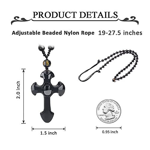 Black Obsidian Necklace Natural Crystal Amulet Protection Pendant with Adjustable Rope Lucky Talisman Necklaces Jewelry Gift for Men Women - color: Cross