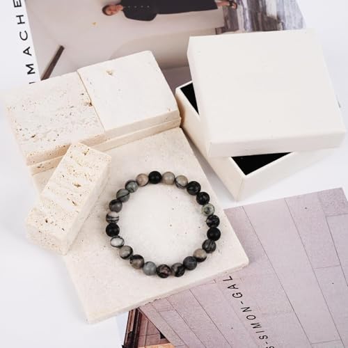 Natural Stone Beaded Bracelets for Women Men - 8MM Semi-Precious Stones Bracelets Adjustable Crystal Beads Stretch Bracelet - color: Black Picasso Jasper