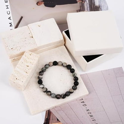 Natural Stone Beaded Bracelets for Women Men - 8MM Semi-Precious Stones Bracelets Adjustable Crystal Beads Stretch Bracelet - color: Black Picasso Jasper