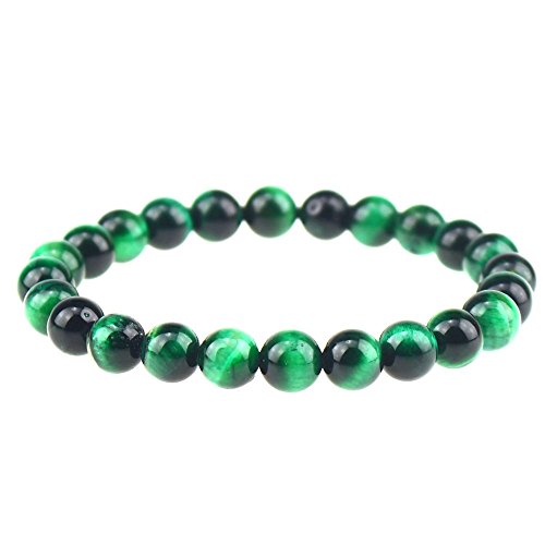 Natural Gemstones Bracelet 8mm Chakra Round Beads Energy Power Crystal Reiki Healing Elastic Stretch 7 Inch for Women Men Unisex - color: Green Tiger Eye