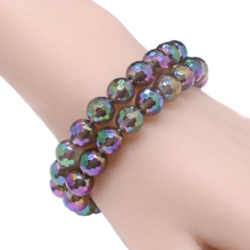 Justinstones Gemstone Crystals Chakra Beads Bracelet Crystal Healing 10mm Round Stretchable Bracelet for Her Gift - color: Faceted Electroplated Grey Agate（AB color）