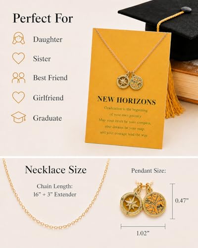 Zealmer Dainty 18K Gold Plated Compass World Map Pendant Necklace Graduation Gift for Friends - style: Compass