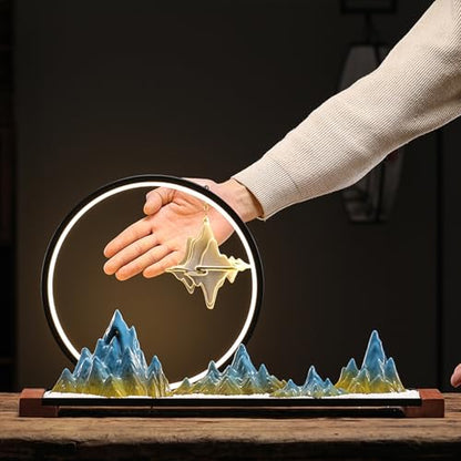 Landscape Desktop Decoration with LED Light Ring and backflow Incense Burner, Artificial Rockery Landscape on Solid Wood Base, Zen-Inspired Interior Decoration