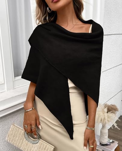 Womens Knitted Shawl Wraps Casual Solid Color Cape Scarf Comfortable Triangle Pashmina Shoulder Sweater - color: Black