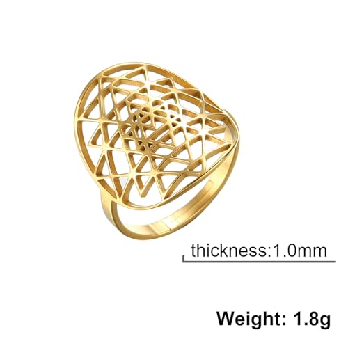Adjustable Sri Yantra Chakra Ring Sri Yantra Amulet Talisman Pendant Sacred Geometry Ring Hinduism Symbol Sacred Hindu Ring Meditation Jewelry for Women Men - color: gold