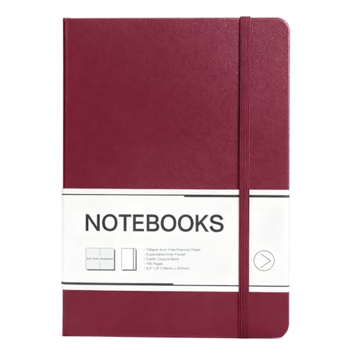 M&G Dotted Journal Notebook, 160 Pages A5 Hardcover Leather Journal for Men Women, 100GSM Thick College Ruled Paper for School and Work Note Taking 5.6" x 8", Burgundy - color: Burgundy, style: Dotted