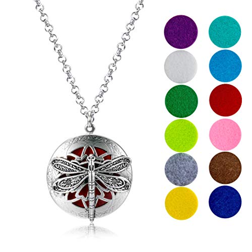 Wild Essentials Dragonfly Essential Oil Diffuser Nickel Free Alloy Locket Pendant with 24 inch Chain, 12 Color Refill Pads, Customizable Color Changing Perfume Jewelry for Aromatherapy - color: Silver Dragonfly, size: 0 Oils