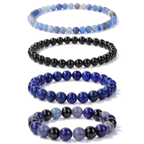 4pcs Beaded Bracelets for Women,Natural Healing Crystal Gemstones Bracelet,Anxiety Stress Relief Bracelet Handmade purple Jewelry Gifts for Women - color: Blue Aventurine&Black Obsidian&lapis lazuli