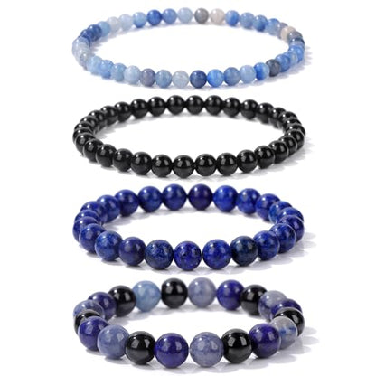 4pcs Beaded Bracelets for Women,Natural Healing Crystal Gemstones Bracelet,Anxiety Stress Relief Bracelet Handmade purple Jewelry Gifts for Women - color: Blue Aventurine&Black Obsidian&lapis lazuli