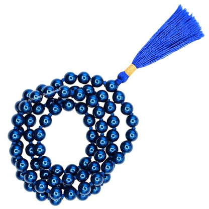 Amazing Gemstone Japa Mala 108 Prayer Beads Necklace and Wrist Mala Bracelet for Meditation - color: Blue Peacock Hematite, size: Hand Knotted