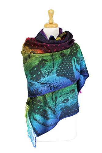 PASKMLNA Double Side Multi Colors Silky Tropical Colorful Exotic Pashmina Wrap Shawl Scarf Rave - color: 050-navy Multi Feathers