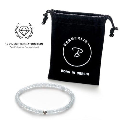 BERGERLIN Real natural stone bracelet - Tested and certified in Germany - Genuine bracelets with 925 Sterling silver pearl and faceted pearls - color: Chalcedony, size: Small