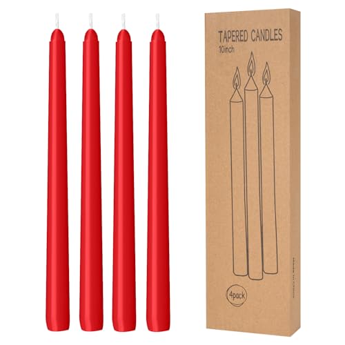 4 Pack Red Taper Candles - Taper Candles 10 Inch Dripless, Smokeless & Unscented - 8 Hours Long Burning - Hand Poured Tall Candlesticks - Ideal for Weddings, Dinner Parties, and Home Decor - color: Red, size: 4 Pack Taper Candle