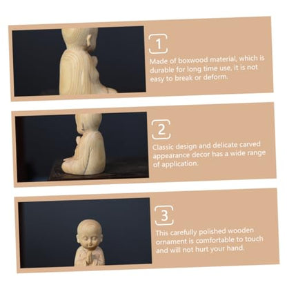 Healifty Boxwood Monk Figurine Hand Carved Desktop Decoration for Home Office Small Pet Ornament Delicate Wood Sculpture for Meditation Feng Shui Decor