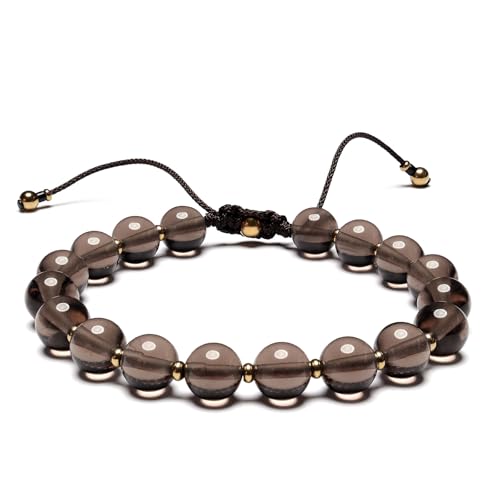 Men’s Beaded Bracelet Adjustable, Natural Texture Beads with Stainless Steel Spacers, Braided Cord, Minimal Everyday Bracelet for Men & Women - color: Smoky Black 8mm