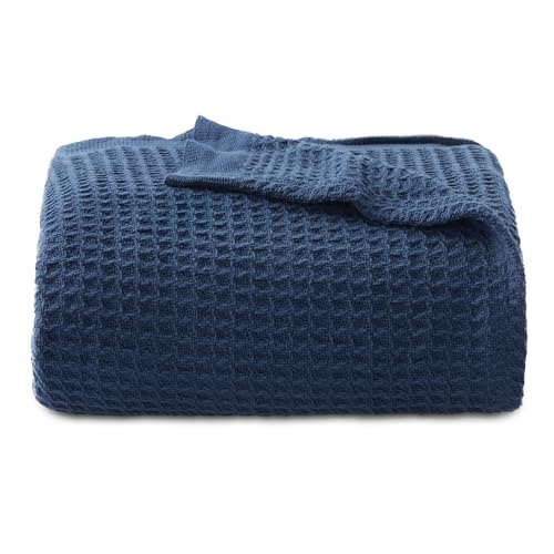 Bedsure Gentlesoft 100% Cotton Throw Blanket for Couch 50x70 inches - Cooling Breathable and Soft for Summer, Waffle Weave Throw Blanket for Office, Navy - color: 10 Navy, size: Throw XL (50" X 70")