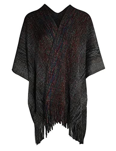 ZLYC Women's Shawl Golden Trim Knit Blanket Wrap Fringe Poncho Coat Cardigan - color: Space Dyed Black