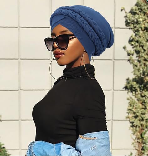 DRESHOW African Turban for Women Knotted Hairwraps for Sleeping Turban Headwraps Head Warmer Scarf for Black Women Chemo Cap - color: 1 Pc Double Twisted Braids: Navy Blue